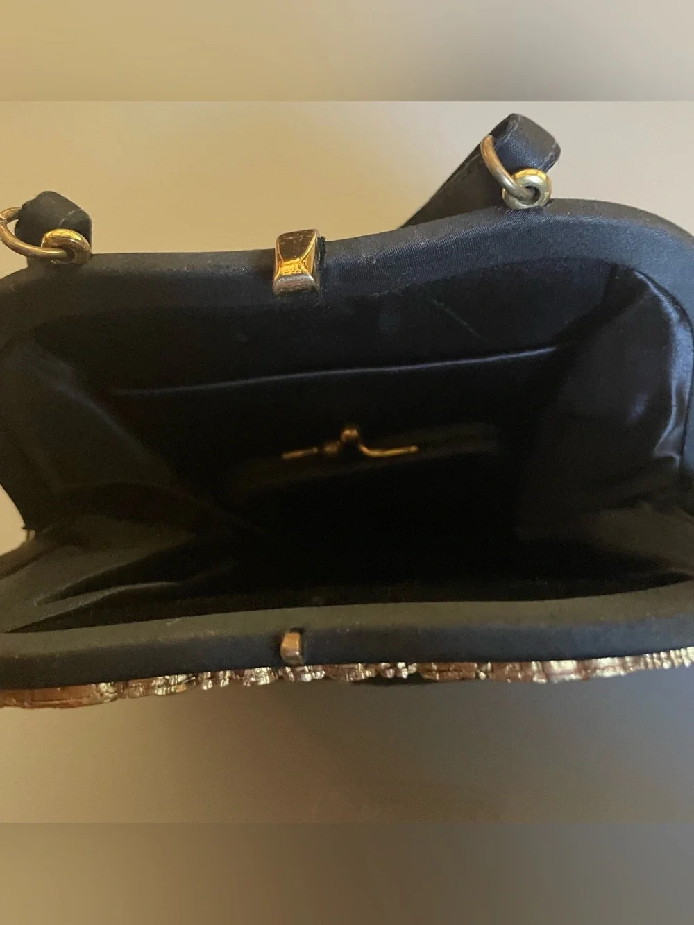 Vtg After 5  Black Satin Evening Handbag Gold Filigree Trim Coin Purse & Bow